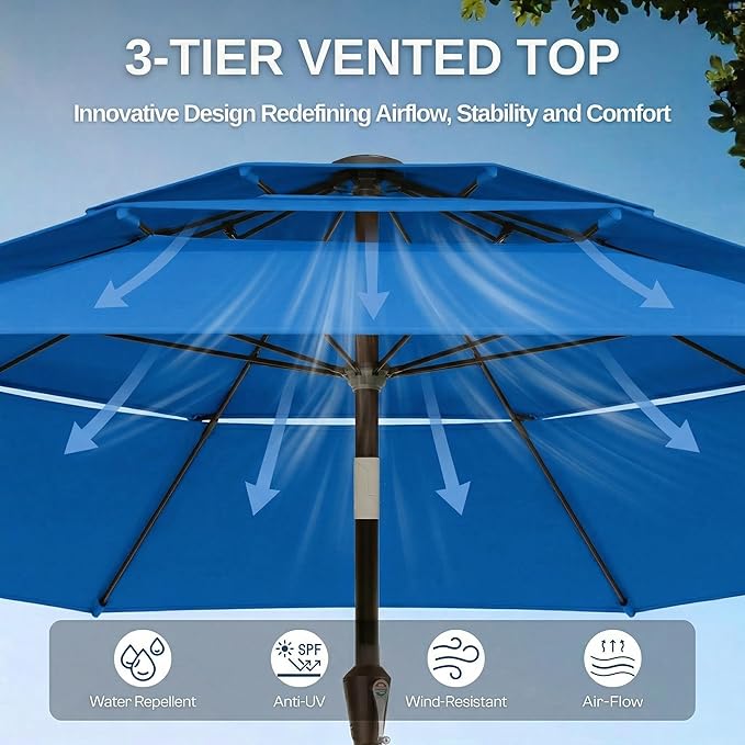 10ft Patio Umbrella, 3 Tier Outdoor Market Table Umbrellas with 8 Fiberglass Ribs and Push Button Tilt, Windproof, Vented Canopy, UV Protection for Deck, Pool, Backyard