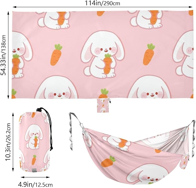 FRMG Cute Bunny Rabbit Carrot Pink Hammock 500 lbs Capacity Portable Hammocks with Tree Straps & Attached Carry Bag, Camping Essentials Gear, 2303952a