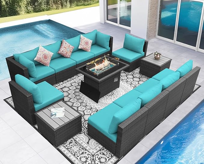 NICESOUL 13 Piece Outdoor Sectional Furniture with Firepit, Contemporary Back Yard Fireplace w/Seating Area, Plus Size 29.3'' High Back Patio Set, All-Weather Wicker Couch for Exterior, Gray & Teal