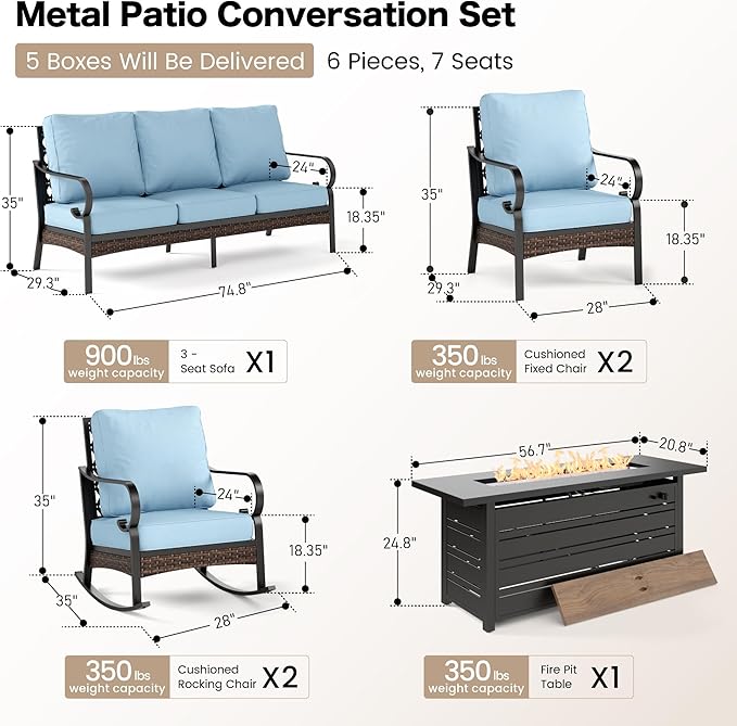 6 Piece Black Metal Outdoor Patio Furniture Sets with Firepit Table, Patio Conversation Sets 1 3-Seater Sofa, 2 Leg Chair and 2 Rocking Chair with 5.75" Cushion for Backyard Deck, Blue