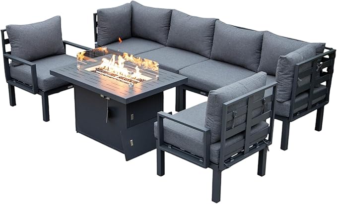 LeisureMod 7-Piece Outdoor Patio Conversation Set with Aluminum Sectional & Cushions, Propane Fire Pit Table with Black Stones, Wind Glass & Lid, Black