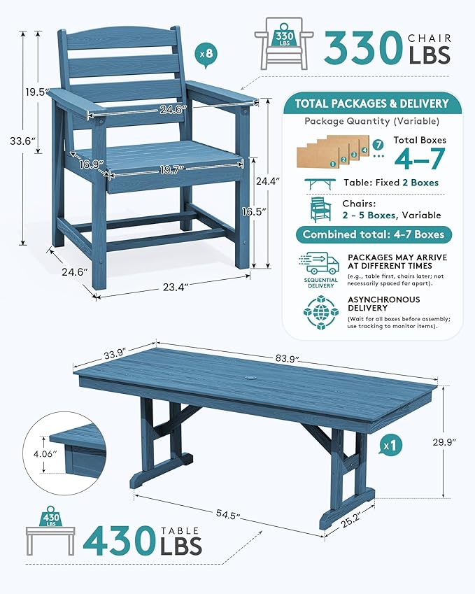 SERWALL 9 Piece Outdoor Dining Set, 84" HDPE Outdoor Table and Chairs for 8，All Weather Patio Furniture Set with Umbrella Hole for Backyard, Garden, Blue