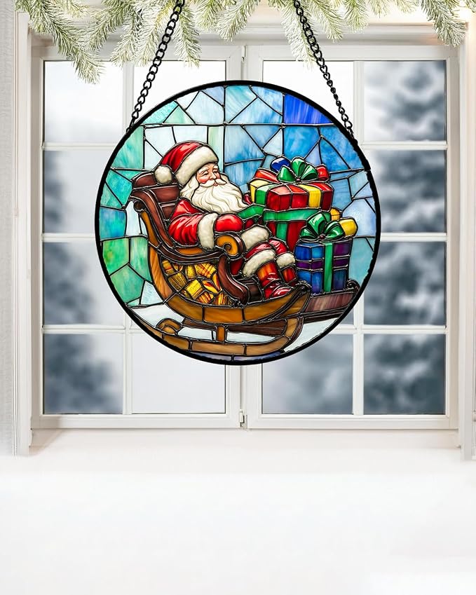 DASTOLL Stained Glass Window Hanging - Santa Claus Gift BoxSuncatcher for Doors Home Christmas Decoration Winter Sun Catcher Thanksgiving New Year Birthday Gift for Women Men Mom Nana 11.8 in