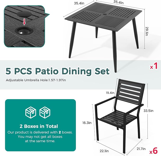 Pamapic 5-Piece HDPE Outdoor Dining Set, All-Weather Patio Furniture Set with Powder-Coated Iron Frame, Outdoor Table & 4 Stackable Chairs for Garden, Backyard, Poolside, Deck