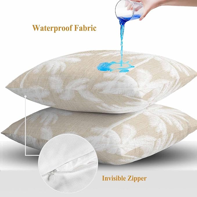 Outdoor Pillow Covers 20x20 Inch Set of 2, Beige Palm Trees Waterproof Throw Pillow Covers, Farmhouse Tropical Summer Beach Decorative Cushion Pillowcases for Couch, Sofa, Bed, Garden, Patio