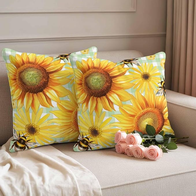 Outdoor Throw Pillow Covers,Pastoral Sunflower Bee Waterproof Decorative Pillowcases Cushion Cover Spring Daisy Floral Buffalo Plaid Pillow Cases for Patio Couch Sofa Bed,20x20in Set of 2