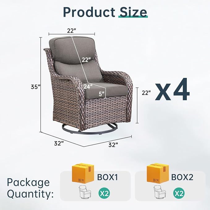Outdoor Swivel Rocker Patio Chairs Set of 4-5" Thick Cushion 4 Piece Furniture Set All Weather Comfortable Wicker Conversation Set for Porch Poolside and Deck - Brown/Gray