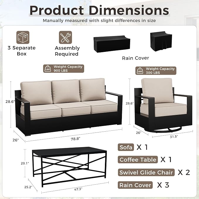 Outdoor Patio Furniture Set, 4-Piece Aluminum Patio Conversation Set All-Weather Metal Outdoor Sectional with 6 Inch Thick Cushions, Deep Setting for Garden, Outside and Porch, Beige