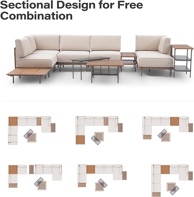 LAUSAINT HOME Outdoor Patio Furniture Set, 10-Piece Wicker Outdoor Conversation Set PE Rattan Sectional Sofa with Washable Cushions and Tempered Glass Table for Garden (Beige)