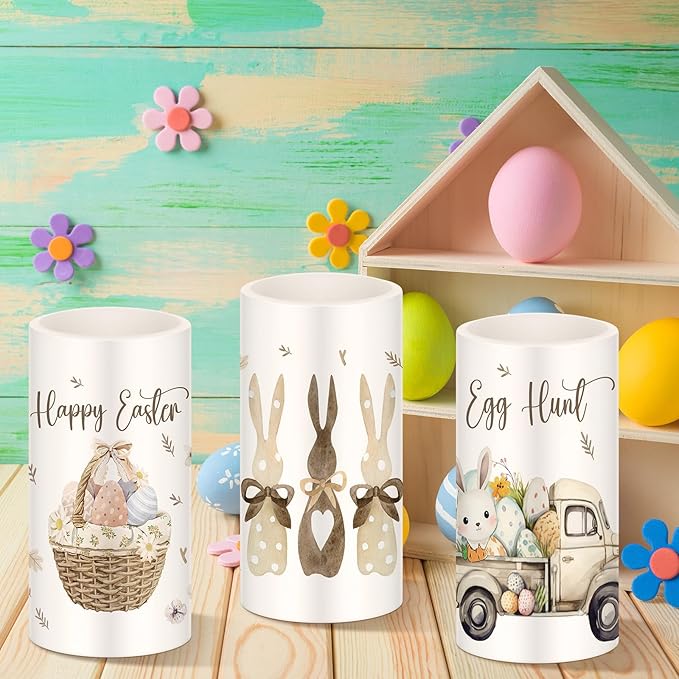 Retisee 3 Pcs Farmhouse Easter Flameless LED Candles Battery Operated Bunny Spring Flickering Pillar Candles with Remote Rabbit Happy Easter Centerpiece for Bedroom Living Room Dinner Table Decoration