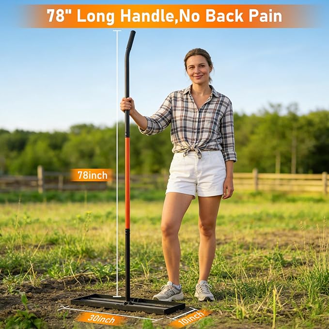 Lawn Leveling Rake, 30"x10" Leveling Rake with 78 Inch Adjustable Handle, Stainless Steel, for Backyard, Garden, Golf Course, Farm ＆ Pasture, Professional Lawn Care Tool - Orange
