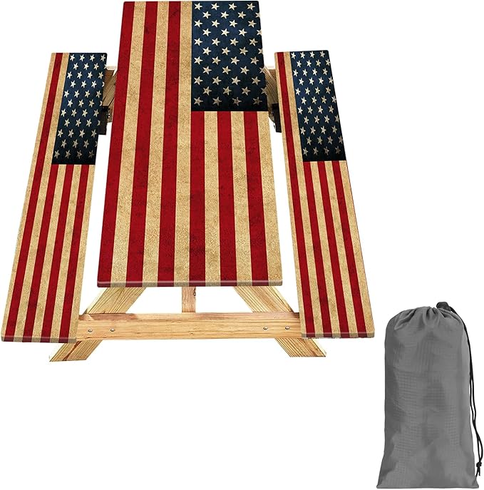 KENOBEE Picnic Table Cover with Bench Covers 6FT 3PCS, Camping Essentials Waterproof Windproof Tablecloth with Drawstring Bag, Fitted Rectangle Tables and Seats, 72", US Flag