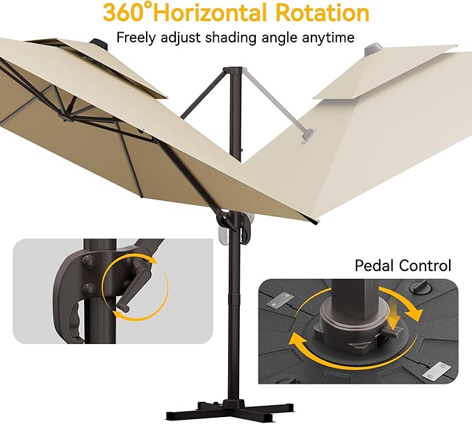 10x13 FT Patio Cantilever Umbrella (Base Not Included) (Base Not Included), Rectangular Heavy Duty Offset Umbrella for 8-10 People, 360°Rotation & Mult Tilt, Double Top Design, for Pool Garden Deck (Beige)