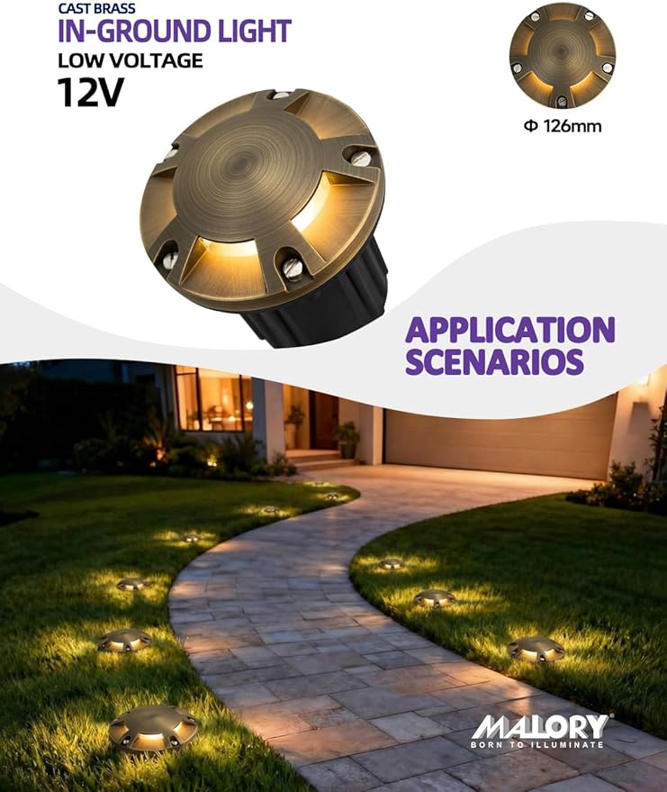 MALORY Brass Top Cover Landscape Well Lights, 12V Low Voltage Outdoor In Ground Lights,Landscape Lighting for Pathway, Driveway, Garden 1 Pack with Bulb (Five-Direction Turret, 10-Pack with Bulb)