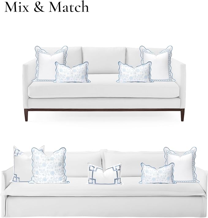 Hofdeco Premium Coastal Patio Indoor Outdoor Scalloped Lumbar Pillow Cover Only, 12"x20" Water Repellent for Backyard, Couch, Baby Blue Print Dahlia Floral