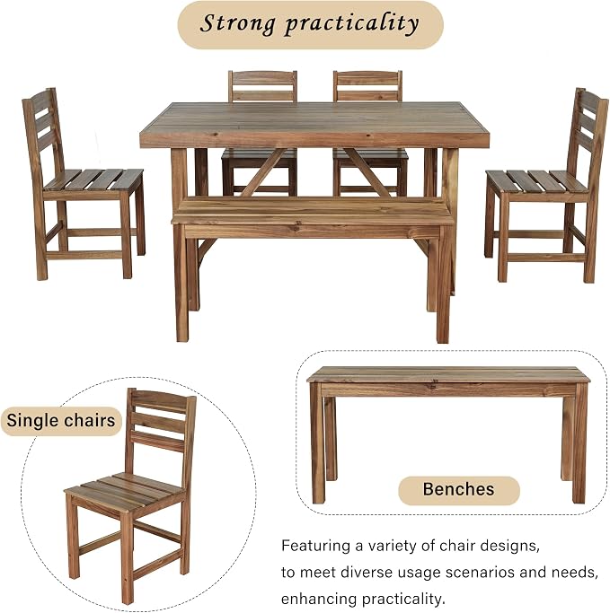 RUNNA Acacia Wood 6-Piece Outdoor Dining Set, Minimalist Patio Furniture with Dining Table,Bench and 4 Chairs for Garden, Balcony, Poolside (Natural Wood-A1)