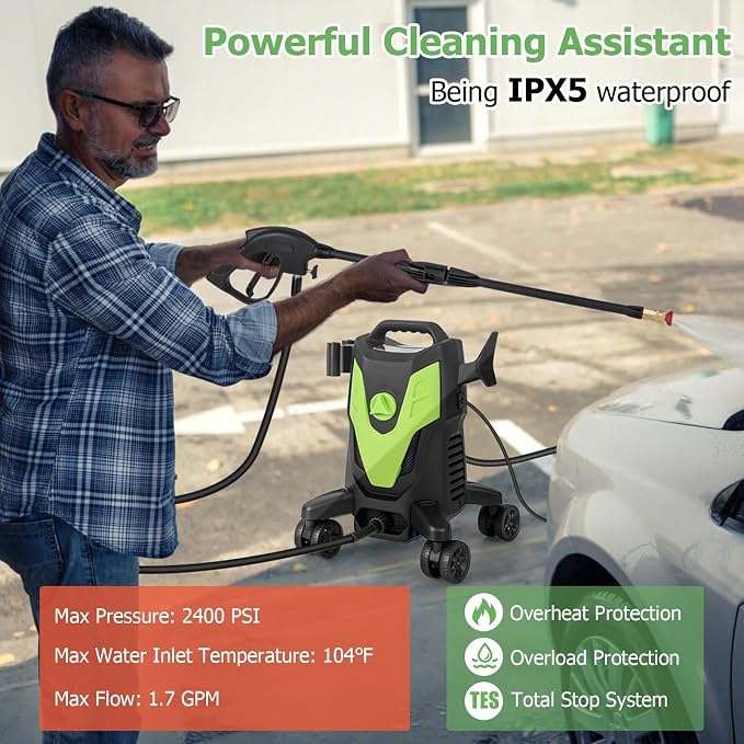 COSTWAY Electric Pressure Washer with 4 Universal Wheels, 2400 PSI High Pressure Cleaner Machine with 4 Nozzles and Soap Bottle, 1.7 GPM Portable Washer for Car, 3 Self-Priming Ways (Green+Black)