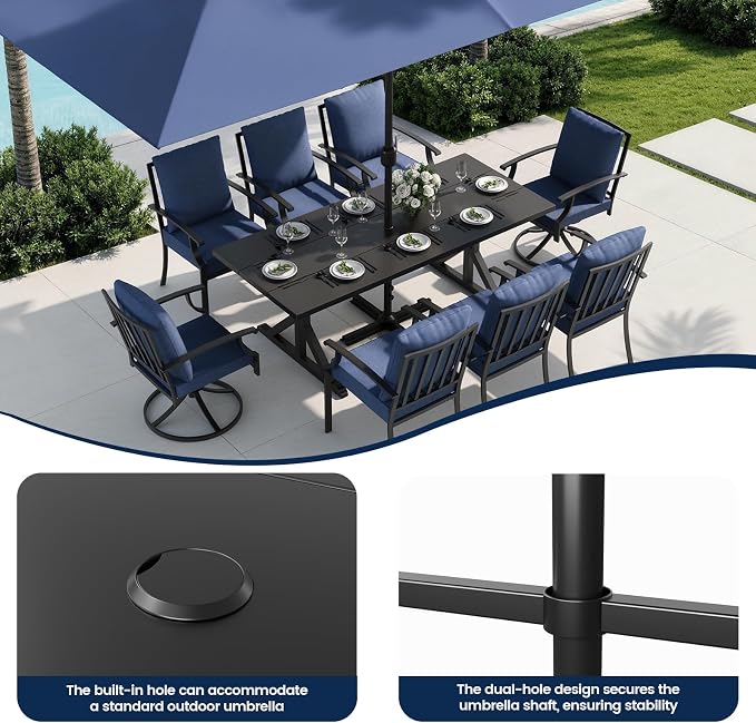 10 Piece Outdoor Dining Set for 8, Patio Table and Chairs Set with Umbrella & Cushions, Patio Furniture Set with 2 Swivel Chairs, Metal Dining Table with Umbrella Hole for Lawn Garden Yard-Navy