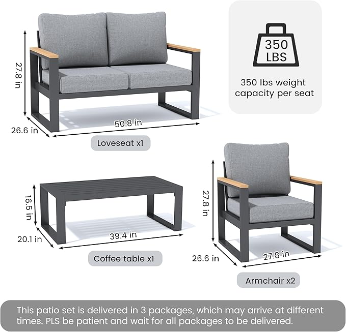 Sundale Outdoor Aluminum Patio Furniture Set, 4 Piece Outdoor Conversation Sets with Coffee Table and 6" Thick Cushions, All Weather Outdoor Sectional Set for Deck, Lawn, Yard (Grey)
