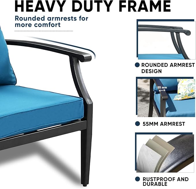 4 Piece Outdoor Patio Furniture Set, Oversized Metal Conversation Set with High Back & Deep Seating, Water-Repellent Cushions, Coffee Table for Porch, Deck, Backyard, Peacock