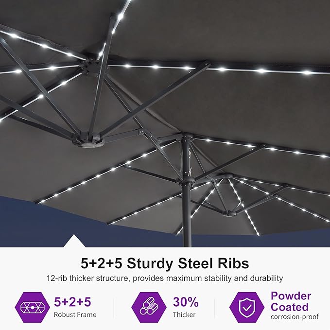 PURPLE LEAF 13ft Double-Sided Patio Umbrella with Solar Lights Outdoor Market Umbrella with Base and Crank Handle Table Umbrella for Backyard Pool Garden Deck, Grey
