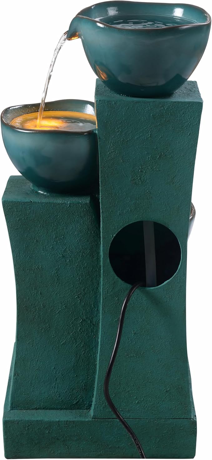 Teamson Home 28.54 in. 3-Tier Cascading Outdoor Water Fountain with LED Lights for Gardens, Landscaping, Patios, Balconies, Lawns, Green