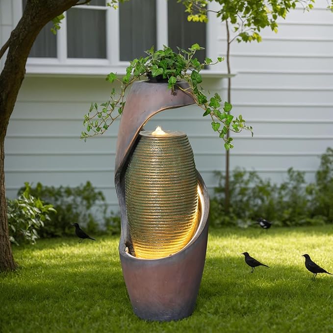 Modern Outdoor Freestanding Water Fountain with LED Lights, Resin Garden Water Feature with Planter Top for Patio, Yard & Porch, 29.5"H Sculptural Oval Waterfall Fountain Indoor Decor, Realaxing Sound