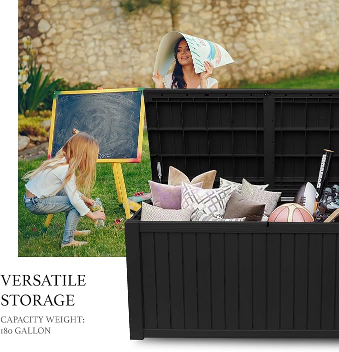 AJP Distributors 180 Gallon Outdoor Storage Box, Rain Waterproof Resin Deck Box, Lockable Large Storage Container for Patio Furniture, Cushions, Garden Tools, Sports Equipment and Pool Supplies Black