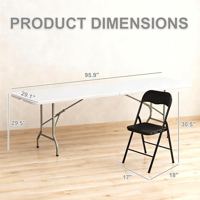 Elevon Folding Table Set with 10 Black Folding Chairs,8 Feet Heavy Duty Fold-in-Half Utility Table Sets for Picnic, Event, Training, Outdoor Activities, at Home and Commercial Use