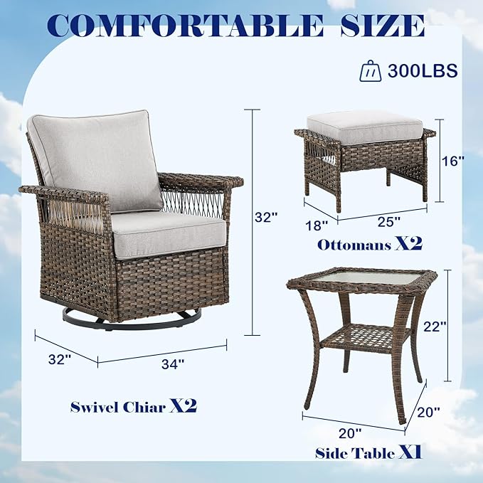 Wicker Outdoor Patio Furniture Set - 5 Piece Rattan Patio Conversation Sets with 2 Swivel Rocking Chairs,2 Ottomans and 1 Side Table for Porch Deck Garden(Brown/Beige)