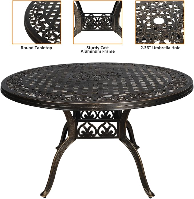 Outdoor Dining Table for 4-6 Person, 48.23" Cast Aluminum Patio Table with 2.36" Umbrella Hole, Outdoor Bistro Table for Backyard, Garden, Patio