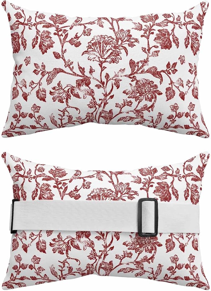Pack of 2 Outdoor Lumbar Pillow Covers 12x20 Inch, Red Boho Flower Waterproof Throw Pillow Covers Set, Vintage Paisley Farmhouse Pattern Indoor&Outdoor Decorative Cushion Cases for Patio Porch Beach