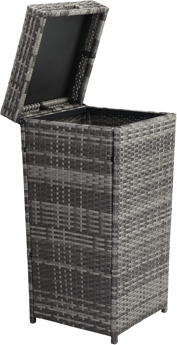 Rattan Trash Can, Deck Storage Box,Rattan Pool Storage Box with Lid & Top Cover Iron Frame, Garden Deck Bin Storage Bench Deck Box for Garden, Backyard, Pool (Grey)
