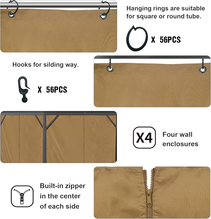 10'x12' Privacy Gazebo Curtains Outdoor Waterproof, 4-Panels Sidewall Curtains Universal Replacement with Zipper for Patio, Backyard, Garden (Only Curtains, Khaki)