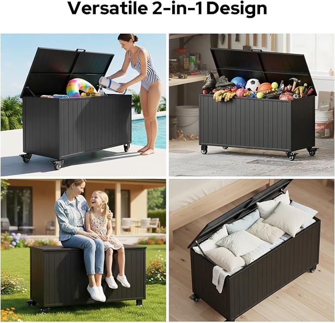 Outdoor Storage Box with Wheels 150 Gallon, Mobile Aluminum Deck Boxes Outdoor Waterproof, UV Resistant Patio Storage Box with Lid for Patio Furniture, Garden Tools, Outdoor Cushion(Blank)