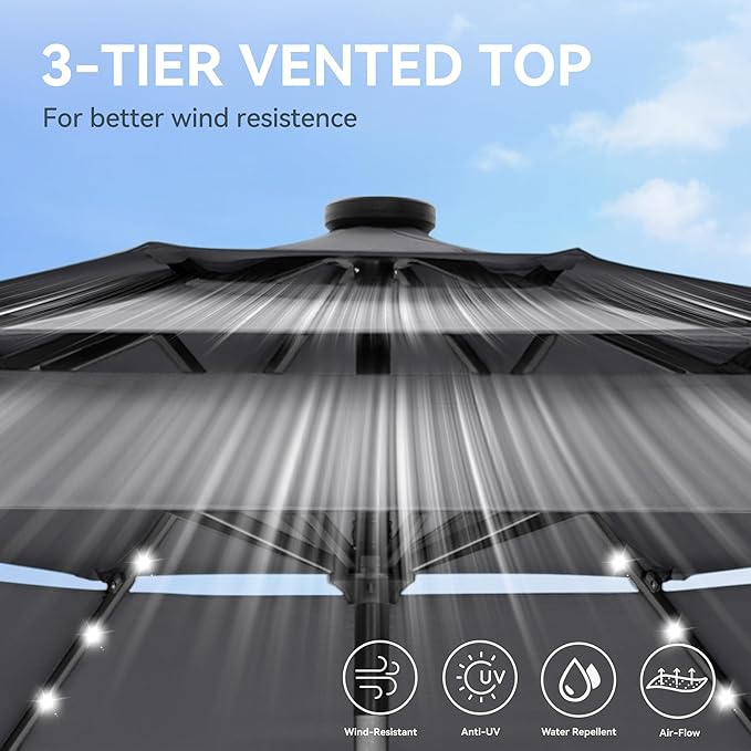 GREEN PARTY 10ft Patio Umbrella with Solar Lights, Auto-Tilt Lighted Market Table Umbrellas with Crank, 8 Sturdy Ribs & 1.5" Pole outdoor umbrellas for Patio Garden Deck Backyard Pool, Grey