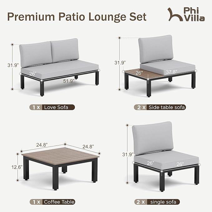 PHI VILLA Outdoor Sectional Furniture Set,6 Pieces Metal Patio Sectional Outdoor Couch Set,Modern Patio Conversation Sets with Coffee Table,Thickened Cushion,for Poolside and Backyard,Light Grey