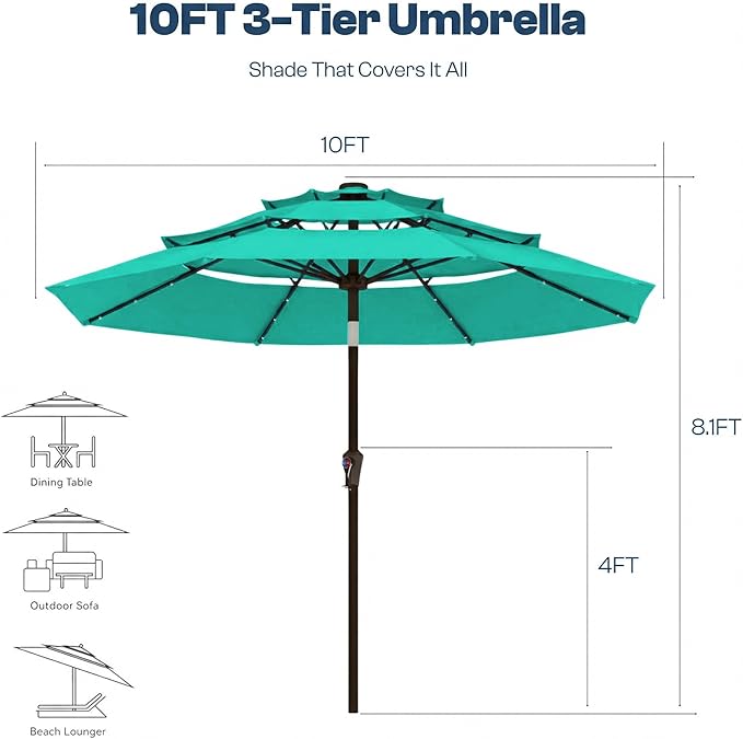 10FT Patio Umbrella 3 Tiers with LED Light Outdoor Market Umbrella w/Push Button Tilt, Crank, UV and Waterproof Table Umbrella for Garden, Pool, Backyard, Deck, Lawn, Turquoise Blue