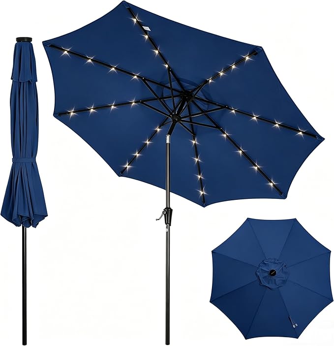 Garvee 10FT Patio Umbrella with 32 Solar LED Lights, Outdoor Table Market Umbrella with Tilt and Crank, 8 Sturdy Iron Ribs Sun Shade for Garden, Deck, Backyard and Pool, Navy Blue
