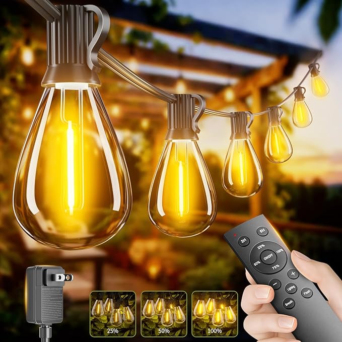 50FT Outdoor String Lights with Remote & Dimmable, 18+1 Shatterproof Waterproof Bulbs, Dimmable Outside Hanging Patio Lights for Backyard, Porch, Deck, Garden 2200K Warm Yellow