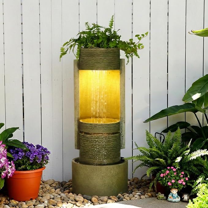 Sunlinua 29.7" H Modern Outdoor Water Fountain Cascading Realistic Rock Waterfall Fountains with LED Lights Outdoor Water Fountain for Garden Patio Backyard Porch Home Decor Gary