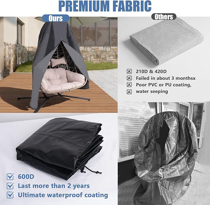 Patio Egg Chair Cover with Zipper Waterproof Heavy Duty Outdoor Hanging Chair Cover for Double Egg Swing Chairs All Weather Windproof UV Protection for Patio Furniture