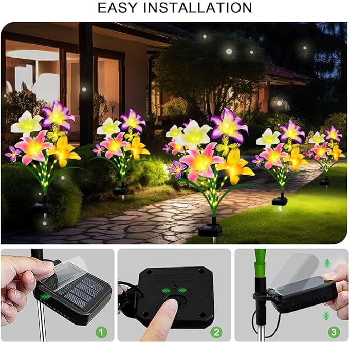 Solar Lights Outdoor, Gift for Women Mom Grandma Wife, 2 Pack 8 Solar Lily Flower Lights With 4 Butterfly Decor, Solar Flower Lights Waterproof, Outside Decor Stake Light for Landscape Yard Patio Lawn