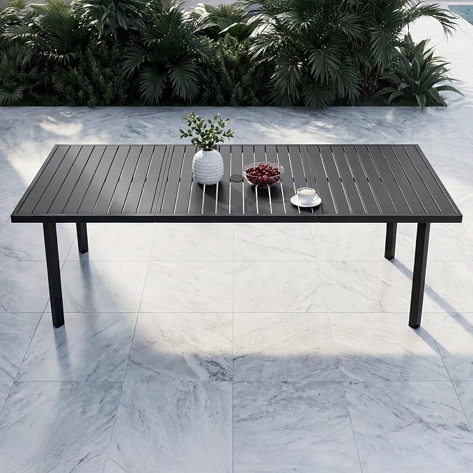 Outdoor Dining Table for 8, Never-Rust Aluminum Patio Dining Table, 82"×35" Large Rectangle Patio Table with Umbrella Hole, Outdoor Table Slatted Tabletop for Balcony, Deck, Commercial, Black