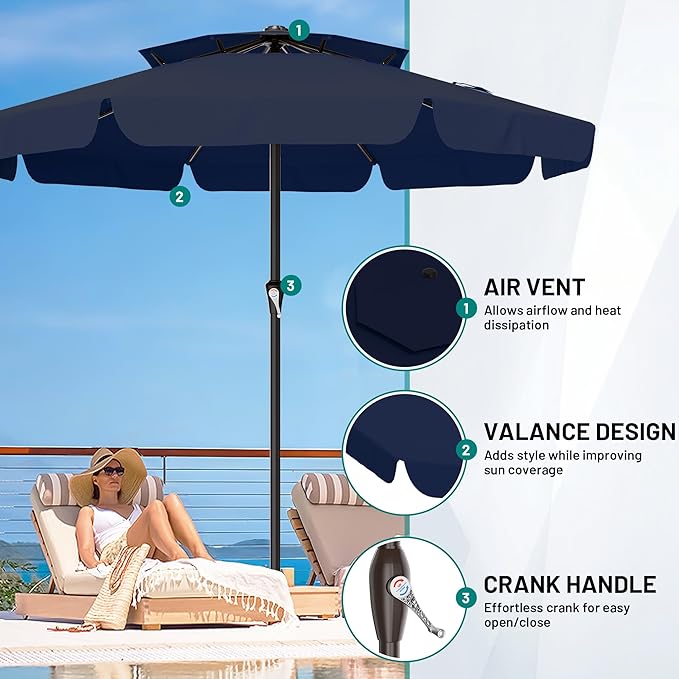 AreShark 12ft 2-Tier Patio Umbrella with Valance - Outdoor Umbrella Waterproof UV Protection, Market Table Umbrella w/ 8 Sturdy Ribs&Crank for Pool, Backyard, Garden(Navy)