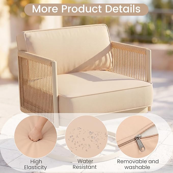 EROMMY 4 Piece Patio Furniture Set, Metal Frame Outdoor Swivel Glider Rocking Chairs with 6" Thick Cushions, Loveseat & Coffee Table, Patio Conversation Sets for Backyard, Poolside & Balcony, Beige