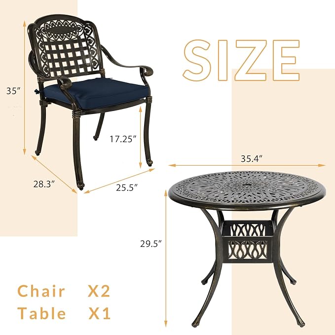 3-Piece Outdoor Patio Dining Set, All-Weather Cast Aluminum Patio Furniture Set for Backyard Garden Deck with 2 Cushioned Chairs and 35.4” Round Table, 2" Umbrella Hole, Navy Blue