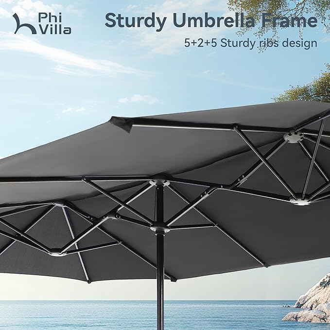 PHI VILLA 13ft Large Patio Umbrellas, Double-Sided Outdoor Market Rectangle Umbrella for Outside, Light Gray