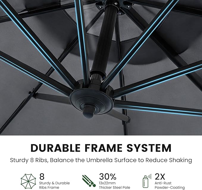 OLILAWN 10FT Outdoor Patio Umbrella with Base Included, Cantilever Offset Umbrella with Heavy-Duty Frame, 360° Rotation & Infinite Tilt, UV-Resistant Water-Repellent Shade for Patio, Poolside, Backyard, Tan Grey