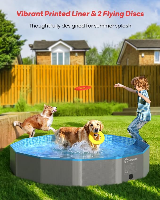 Peteast Foldable Dog Pool with 2 Flying Disks, Durable Hard Plastic Dog Swimming Pools for Large Dogs, Collapsible Pet Pool for Backyard & Indoor, Ideal Kiddie Pools for Dogs and Kids, 87 in